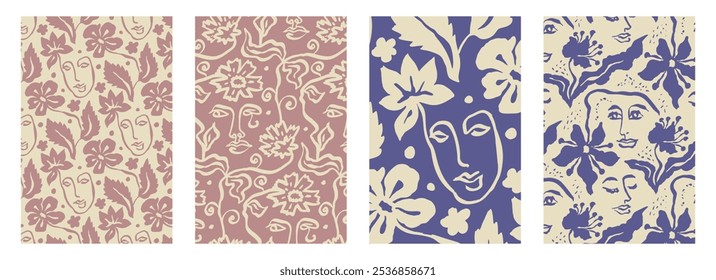 Vertical posters or cards set with ink wash drawings of abstract female face and flowers silhouettes on dark background. Monochrome minimalist portraits wall art.