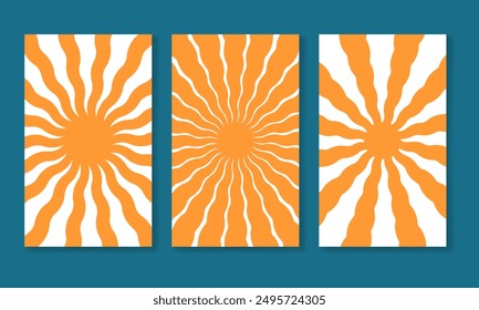 Vertical posters with groovy sun backgrounds. Orange wavy rays of sunburst, sunrise or sunset. Summer theme wallpapers. Modern psychedelic prints. Positive vibes designs. Vector flat illustration.