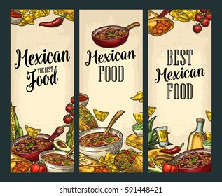 Vertical posters with Mexican traditional food and ingredient. Guacamole, Quesadilla, Enchilada, Burrito, Tacos, Nachos, Chili. Vector vintage engraved illustration on beige background