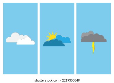 Vertical posters set with clouds. Weather forecast app widgets. Thunderstorm, clouds, sunny day. Vector illustration.