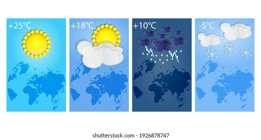 Vertical posters set different types of weather forecast. Thunderstorm, rain, sunny day, night and winter snow. Winter and summer symbols. Paper cut style. Place for text Stock vector illustration