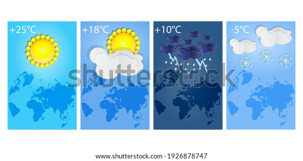 Vertical posters set different types of\
weather forecast. Thunderstorm, rain, sunny day, night and winter\
snow. Winter and summer symbols. Paper cut style. Place for text\
Stock vector\
illustration