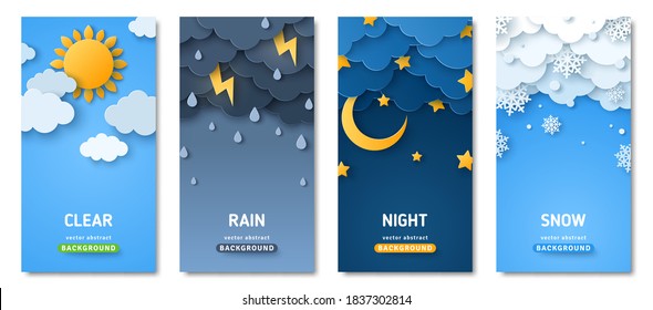 Vertical posters set with fluffy clouds. Weather forecast app widgets. Thunderstorm, rain, sunny day, night and winter snow. Vector illustration. Paper cut style. Place for text - Shutterstock ID 1837302814