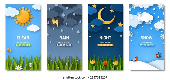 Vertical posters set with fluffy clouds and grass lawn. Weather forecast app widgets. Thunderstorm, rain, sunny day, night and winter snow. Vector illustration. Paper cut style. Place for text - Shutterstock ID 2157313209