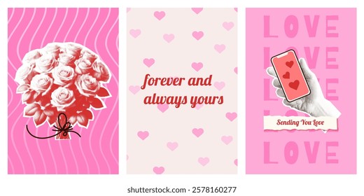 Vertical posters for Valentine's Day. Rose bouquet, hand holding phone with hearts, romantic text phrases. Halftone style. Pink and pastel beige colors. Vector