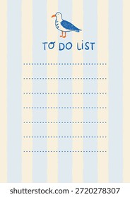 Vertical printable to-do list page with a seagull illustration on a pastel striped background. Includes dotted lines for writing tasks. Suitable for summer planners and journals.