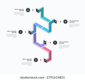 Vertical process diagram with five steps and a place for your text. Isometric template with numbers and icons for workflow layout, banner or web design.