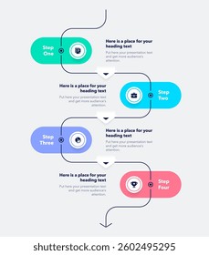 Vertical process flow chart with four colorful steps and a place for your text. Simple infographic design with icons and curved thin line for workflow layout, banner or web design.