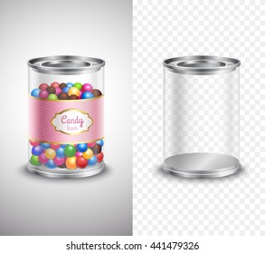 Vertical product package design of candy box with sweets and label and empty box banners on grey and plaid background realistic isolated vector illustration