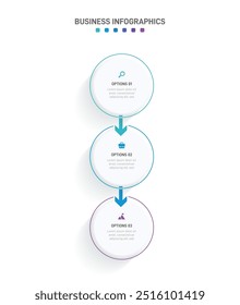 Barra de progresso vertical com 3 elementos em forma de seta, simbolizando os três estágios de estratégia e progressão de negócios. Modelo de design de infográfico de linha do tempo limpo. Vetor para apresentação móvel.