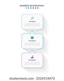 Barra de progresso vertical com 3 elementos em forma de seta, simbolizando os três estágios de estratégia e progressão de negócios. Modelo de design de infográfico de linha do tempo limpo. Vetor para apresentação móvel.