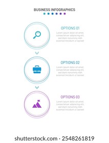 Barra de progresso vertical com 3 elementos em forma de seta, simbolizando os três estágios de estratégia e progressão de negócios. Modelo de design de infográfico de linha do tempo limpo. Vetor para apresentação móvel.