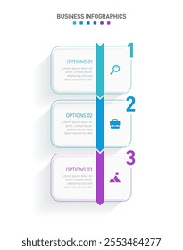 Vertical progress bar featuring 3 arrow-shaped elements, symbolizing the three stages of business strategy and progression. Clean timeline infographic design template. Vector for mobile presentation.