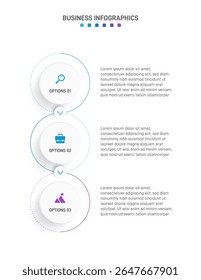 Barra de progresso vertical com 3 elementos em forma de seta, simbolizando os três estágios de estratégia e progressão de negócios. Modelo de design de infográfico de linha do tempo limpo. Vetor para apresentação móvel.