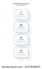 Barra de progresso vertical com 4 elementos em forma de seta, simbolizando os quatro estágios da estratégia de negócios e progressão. Modelo de design de infográfico de linha do tempo limpo. Vetor para apresentação móvel.
