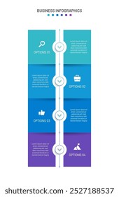 Barra de progresso vertical com 4 elementos em forma de seta, simbolizando os quatro estágios da estratégia de negócios e progressão. Modelo de design de infográfico de linha do tempo limpo. Vetor para apresentação móvel.