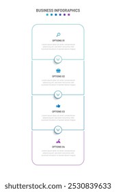 Barra de progresso vertical com 4 elementos em forma de seta, simbolizando os quatro estágios da estratégia de negócios e progressão. Modelo de design de infográfico de linha do tempo limpo. Vetor para apresentação móvel.