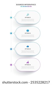 Barra de progresso vertical com 4 elementos em forma de seta, simbolizando os quatro estágios da estratégia de negócios e progressão. Modelo de design de infográfico de linha do tempo limpo. Vetor para apresentação móvel.