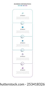 Barra de progreso de la Vertical con 5 Elementos en forma de flecha, que simbolizan las cinco etapas de la estrategia y la progresión empresarial. Plantilla de diseño de infografía de línea de tiempo limpia. Vector para presentación móvil.