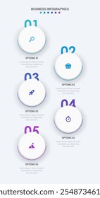 Barra de progresso vertical com 5 elementos em forma de seta, simbolizando os cinco estágios de estratégia e progressão de negócios. Modelo de design de infográfico de linha do tempo limpo. Vetor para apresentação móvel.