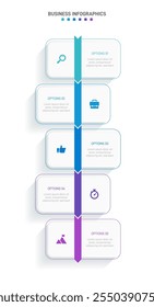 Barra de progresso vertical com 5 elementos em forma de seta, simbolizando os cinco estágios de estratégia e progressão de negócios. Modelo de design de infográfico de linha do tempo limpo. Vetor para apresentação móvel.