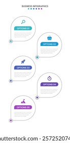 Vertical progress bar featuring 5 arrow-shaped elements, symbolizing the five stages of business strategy and progression. Clean timeline infographic design template. Vector for mobile presentation.