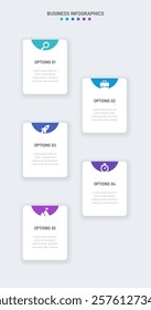 Vertical progress bar featuring 5 arrow-shaped elements, symbolizing the five stages of business strategy and progression. Clean timeline infographic design template. Vector for mobile presentation.