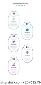 Vertical progress bar featuring 5 arrow-shaped elements, symbolizing the five stages of business strategy and progression. Clean timeline infographic design template. Vector for mobile presentation.