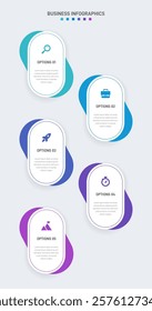 Vertical progress bar featuring 5 arrow-shaped elements, symbolizing the five stages of business strategy and progression. Clean timeline infographic design template. Vector for mobile presentation.