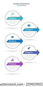 Vertical progress bar featuring 5 arrow-shaped elements, symbolizing the five stages of business strategy and progression. Clean timeline infographic design template. Vector for mobile presentation.