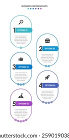 Vertical progress bar featuring 5 arrow-shaped elements, symbolizing the five stages of business strategy and progression. Clean timeline infographic design template. Vector for mobile presentation.
