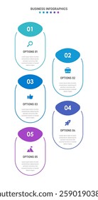 Vertical progress bar featuring 5 arrow-shaped elements, symbolizing the five stages of business strategy and progression. Clean timeline infographic design template. Vector for mobile presentation.