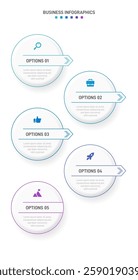 Vertical progress bar featuring 5 arrow-shaped elements, symbolizing the five stages of business strategy and progression. Clean timeline infographic design template. Vector for mobile presentation.