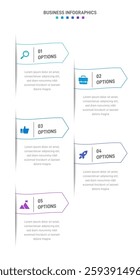 Vertical progress bar featuring 5 arrow-shaped elements, symbolizing the five stages of business strategy and progression. Clean timeline infographic design template. Vector for mobile presentation.