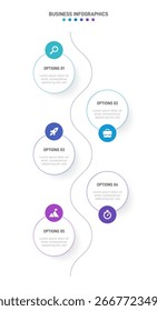 Barra de progresso vertical com 5 elementos em forma de seta, simbolizando os cinco estágios de estratégia e progressão de negócios. Modelo de design de infográfico de linha do tempo limpo. Vetor para apresentação móvel.