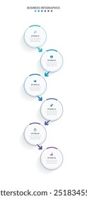 Vertical progress bar featuring 6 arrow-shaped elements, symbolizing the six stages of business strategy and progression. Clean timeline infographic design template. Vector for mobile presentation.