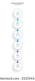 Barra de progresso vertical com 6 elementos em forma de seta, simbolizando os seis estágios de estratégia e progressão de negócios. Modelo de design de infográfico de linha do tempo limpo. Vetor para apresentação móvel.