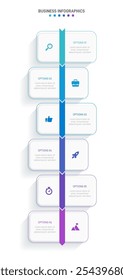 Vertical progress bar featuring 6 arrow-shaped elements, symbolizing the six stages of business strategy and progression. Clean timeline infographic design template. Vector for mobile presentation.