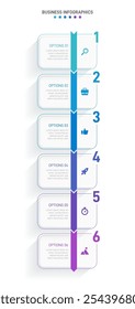 Vertical progress bar featuring 6 arrow-shaped elements, symbolizing the six stages of business strategy and progression. Clean timeline infographic design template. Vector for mobile presentation.