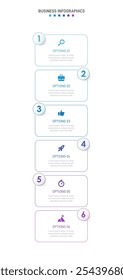 Vertical progress bar featuring 6 arrow-shaped elements, symbolizing the six stages of business strategy and progression. Clean timeline infographic design template. Vector for mobile presentation.
