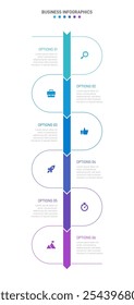 Vertikaler Fortschrittsbalken mit 6 pfeilförmigen Elementen, die die sechs Phasen der Geschäftsstrategie und des Fortschritts symbolisieren. Entwurfsvorlage für die Infografik der Zeitleiste säubern. Vektor für mobile Präsentation.