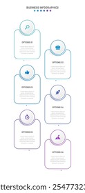 Vertical progress bar featuring 6 arrow-shaped elements, symbolizing the six stages of business strategy and progression. Clean timeline infographic design template. Vector for mobile presentation.