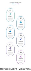 Vertical progress bar featuring 6 arrow-shaped elements, symbolizing the six stages of business strategy and progression. Clean timeline infographic design template. Vector for mobile presentation.