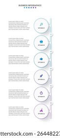 Vertical progress bar featuring 6 arrow-shaped elements, symbolizing the six stages of business strategy and progression. Clean timeline infographic design template. Vector for mobile presentation.