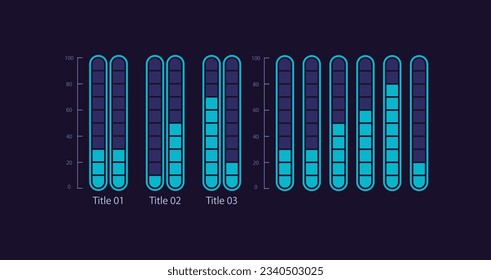 Vertical progress infographic chart design template set for dark theme. Status report. Project completion. Visual data presentation. Editable bar graphs collection. Myriad Pro-Bold, Regular fonts used
