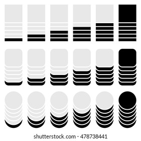 Vertical progress, level indicators. Symbols to show progression, steps, phases. Square, rounded square, circle version. 
