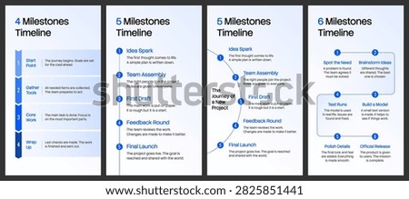 Vertical Project Milestones Timeline Infographic Pack with 4, 5, and 6 Steps. Vector Layout of Data Visualization for Business Report, Presentation, Marketing Brochure. 