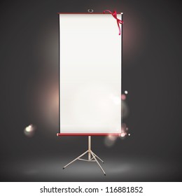 Vertical projector screen on dark background. Vector illustration.