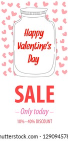 Vertical Promo Web Banner for Valentine's Day Sale. White graphic jar on a background with a pattern of hearts and the text of a happy valentine's day. Vector Illustration with Seasonal Offer. 