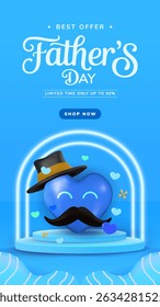 Vertical Promotional banner for Fathers Day sales featuring a blue heart with a mustache, festive design, and offer details. Perfect for advertisementscelebrations and festive gifts.